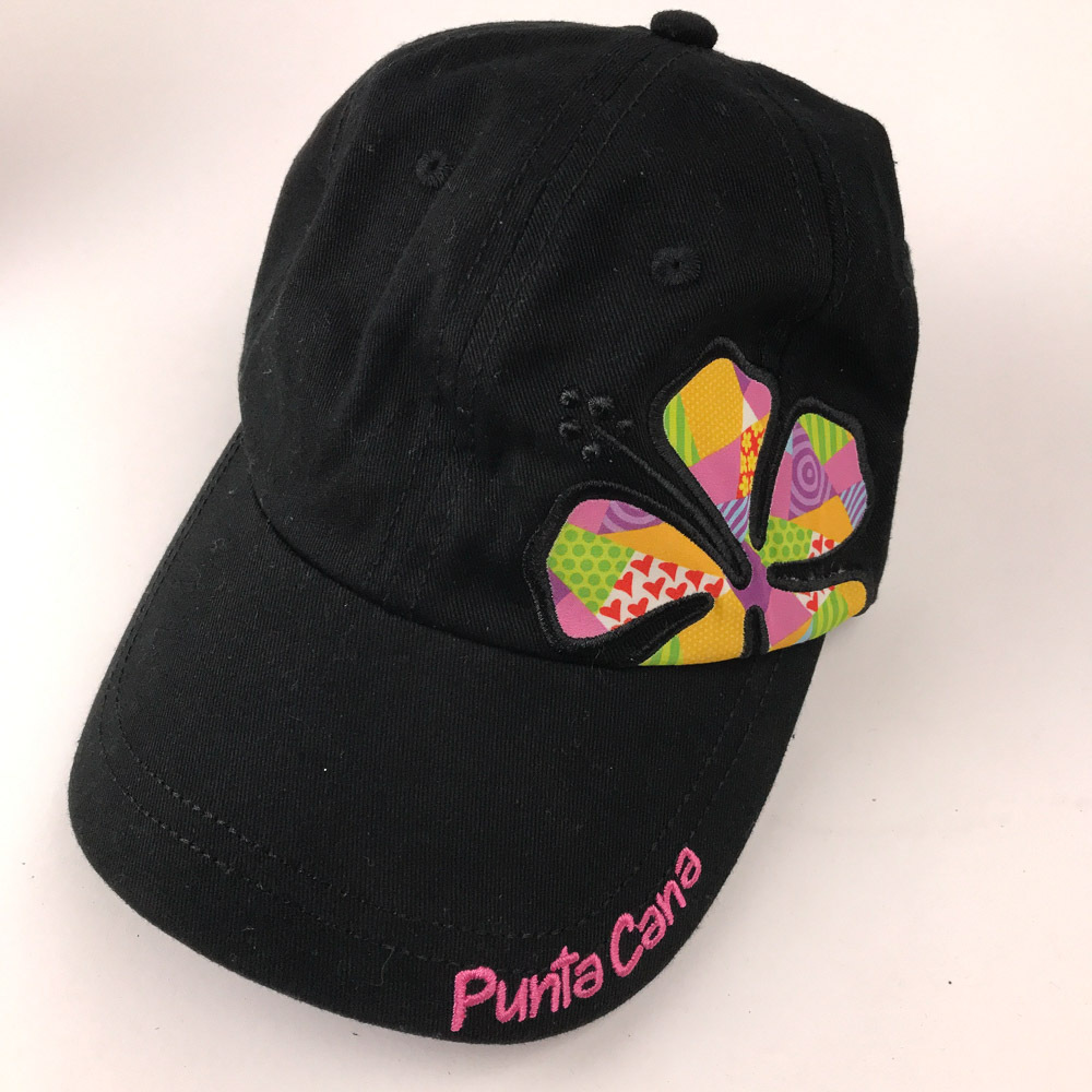 Punta Cana Black Hat With Colorful Flower and back panel and pink lettering
